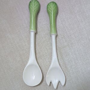 Green and White Ceramic Cabbage Handle Salad Servers